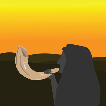 man blowing shofar at dawn
