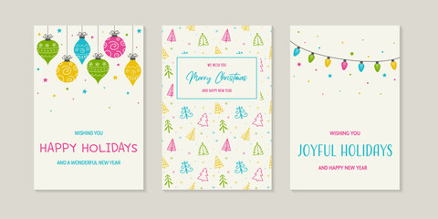 Collection of colourful Christmas greeting cards. Hand drawn tree, bauble and lights. Vector illustration