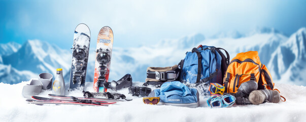 Snowboard equipment on winter background. copy space for text.