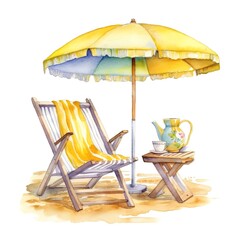 Aquarela de cena de praia com cadeira de praia, guarda sol e mesinha com amenidades, aproveite o sol.