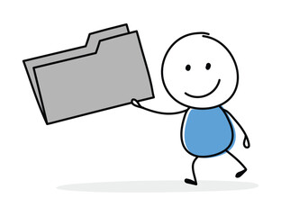 Funny cartoon stickman holding file folder icon. Hand drawn design for a business presentation. Vector illustration