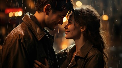 A happy couple getting passionately close to each other on a deserted street, under dim lights, getting wet in the rain.