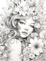 black and white floral coloring page, relaxing coloring activity black and white illustration, with a beautiful woman surrounded by flowers