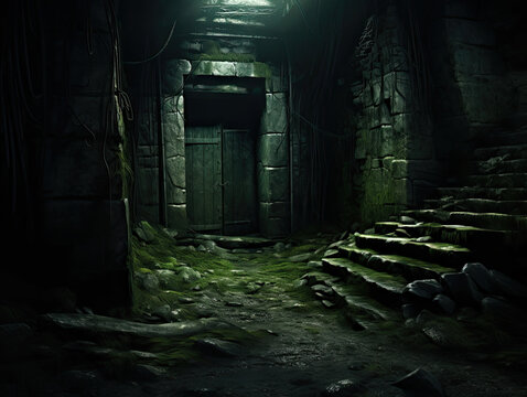 Gloomy cellar, overgrown moss dungeon for role playing tabletop games, underground doorway that hints at a foreboding path