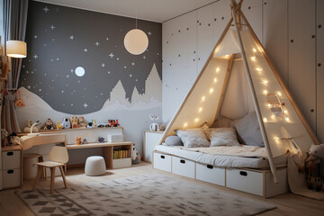 Children's room interior with white walls and bed - obrazy, fototapety, plakaty