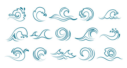 Blue ocean sea waves set. Line icons, logos, vector