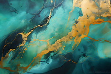 Mosaic. Luxury acrylic fluid art background. Liquid marbled textured pattern ornament with surface wavy lines, gold glitters. Modern decorative ornate trendy design in turquoise gold colors generativ 