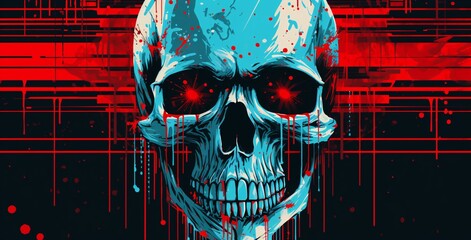 light blue skull on a bright background, glitchcore, turquoise and red, warped,  pop art influence