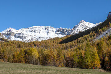 Fototapeta na wymiar Paysage de montagne avec de la neige à l'automne en montagne dans les Alpes du Sud en France