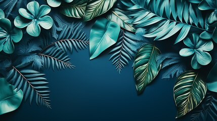 Fototapeta na wymiar Collection of tropical leaves,foliage plant in blue color with space background.