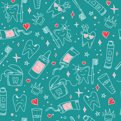 Pattern Seamless. Hand drawn dental vector set. Toothpaste, cartoon tooth, dental floss and toothbrush in doodle style. Dental care. Healthy tooth and diseased tooth, hygiene and dental health.