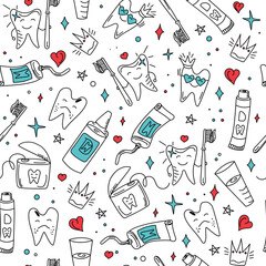 Pattern Dental care. Hand drawn dental vector set. Toothpaste, cartoon tooth, dental floss and toothbrush in doodle style.  Healthy tooth and diseased tooth.  Seamless background.