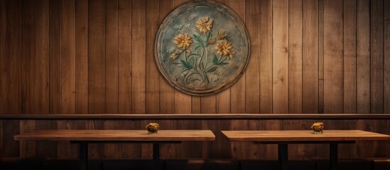 In a vintage restaurant with a retro atmosphere the background wall showcases a beautiful flower design framed by a textured wood texture creating a nostalgic and welcoming ambiance with a 