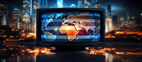 In a close up shot of a TV broadcast a ai illustration of a global flag serves as the background with a banner displaying the text Breaking Politics flashing across the screen accompanied by - obrazy, fototapety, plakaty