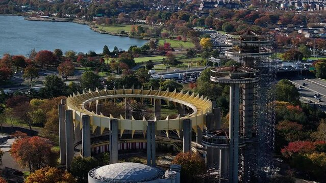 Aerial shot of Flushing Meadows Park on an autumn morning