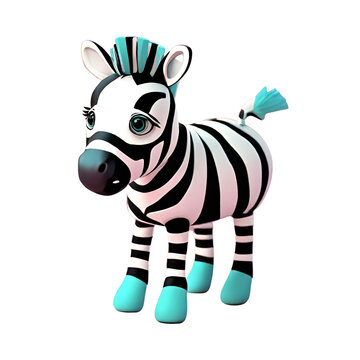 A cartoon zebra toy with blue and black stripes