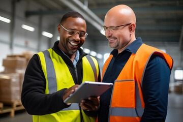 Obraz premium Digital Discourse: Smiling Men Discussing Work on Tablet