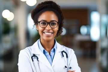 Dark-skinned female doctor in medical clothing smiles and looks at the camera. Blurred background of hospital corridor. Healthcare concept, patient care, medicine