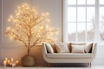 Classical stylish living room with beige sofa and pillows, large window, alternative eco christmas tree decorated with a glowing garland. New year holiday home decor