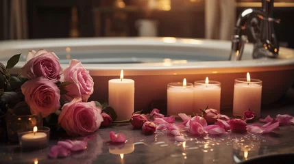 Foto op Aluminium Entspannung, Massage, Spa, Kerzenlicht, wohlfühlend, rosa Blüten, Handtücher, natur, yoga © Alex