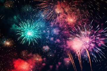 Obraz premium Colorful fireworks in the night sky. Holiday, festival, New Year, Christmas. Festive background with fireworks lights