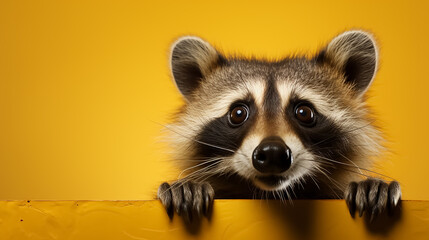 Crazy surprised raccoon make big eyes closeup on yellow background. Copy space for text.