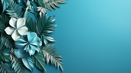 Paper craft. Collection of tropical leaves,foliage plant in blue color with space background. High quality photo. 