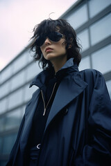 Fototapeta premium Asian woman wears a blue coat and sunglasses, dark navy, medium format film, washed-out