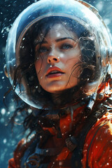 portrait of a woman as an astronaut, dressed in a spacesuit, helmet, beautiful face, abstract background