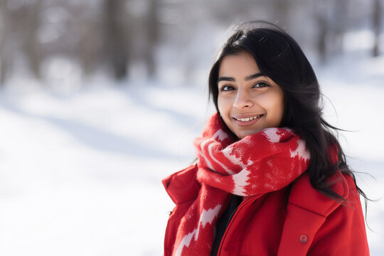 American-Indian woman in a red scarf. AI Generated