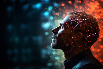 Portrait of  man male face side view on dark blue banner background with copy space for text illuminated by glowing neon network nodes. Artificial intelligence concept - Powered by Adobe