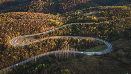 car vehicle drive on Tresibaba mountain range nature aerial view in autumn day near Knjazevac Serbia top down