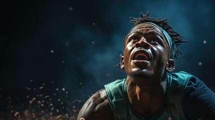 Portrait of a strong, African-American athlete, basketball player looking up, against a bright background with copy space. - obrazy, fototapety, plakaty
