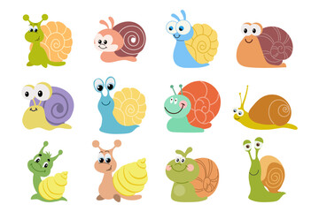 Set of cute cartoon snails. Colorful baby snails, icons, stickers, vector