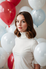 Realistic image of young woman surrounded by white and red balloons

