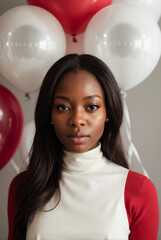 Realistic image of young woman surrounded by white and red balloons

