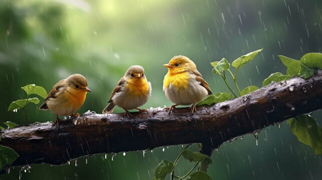 natural panoramic photo with little funny birds and Chicks sitting on a branch in summer garden in the rain photography ::10 , 8k, 8k render