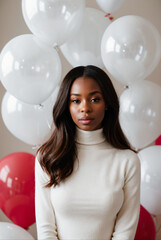 Realistic image of young woman surrounded by white and red balloons

