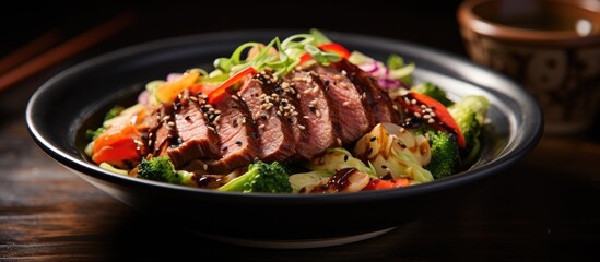 In a colorful Asian inspired plate a healthy salad consisting of green vegetables and blackened meats is served alongside a vibrant red pasta dish showcasing the diverse cooking methods and 