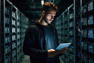 Server Room Symphony: Young Man Orchestrating Data Flow