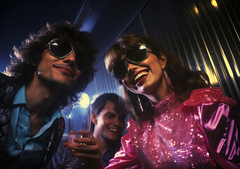 New Year's party in 80's style. Cropped shot of friends at a costume party