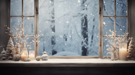Dekorierte Fensterbank zu Weihnachten, Kerzenschein, Winter, Schnee, gemütlich. Tannen, Produktplatzierung, leer, Holz