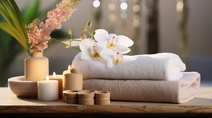 Foto op Canvas Entspannung, Massage, Spa, Kerzenlicht, wohlfühlend, Blüten, Handtücher, natur, yoga © Alex