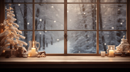 Fensterbank zu Weihnachten, Kerzenschein, Winter, Schnee, gemütlich. Tannen, Produktplatzierung, leer, Holz