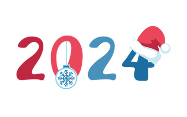 2024. Happy new year 2024. happy new year blue red numbers 2024 with Santa hat. Merry Christmas, banner, flyer. Christmas toys. Elements for calendar and greeting cards, gift. vector illustration