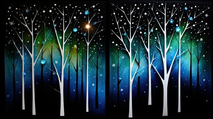AI-generated illustration of a nighttime forest scene with bare tree trunks and a starry sky. MidJourney.