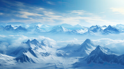 Panoramic snowy mountains peaks landscape on the blue sky background