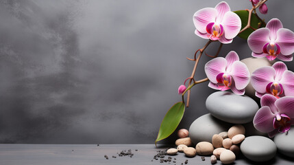 Hintergrund mit Orchideen, Blüten, Steine, entspannung, Produktplatzierung, grau, rosa, natur