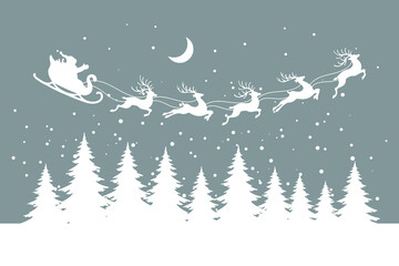 Santa on a sleigh with reindeers in the sky with the moon, winter landscape, white silhouette on a pastel background. Christmas illustration, vector