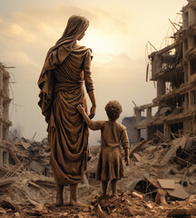 Abstract sculpture woman mother in hijab holds baby child made from destroyed buildings home due to war or earthquake. Concept of family love and unity in disaster. - obrazy, fototapety, plakaty